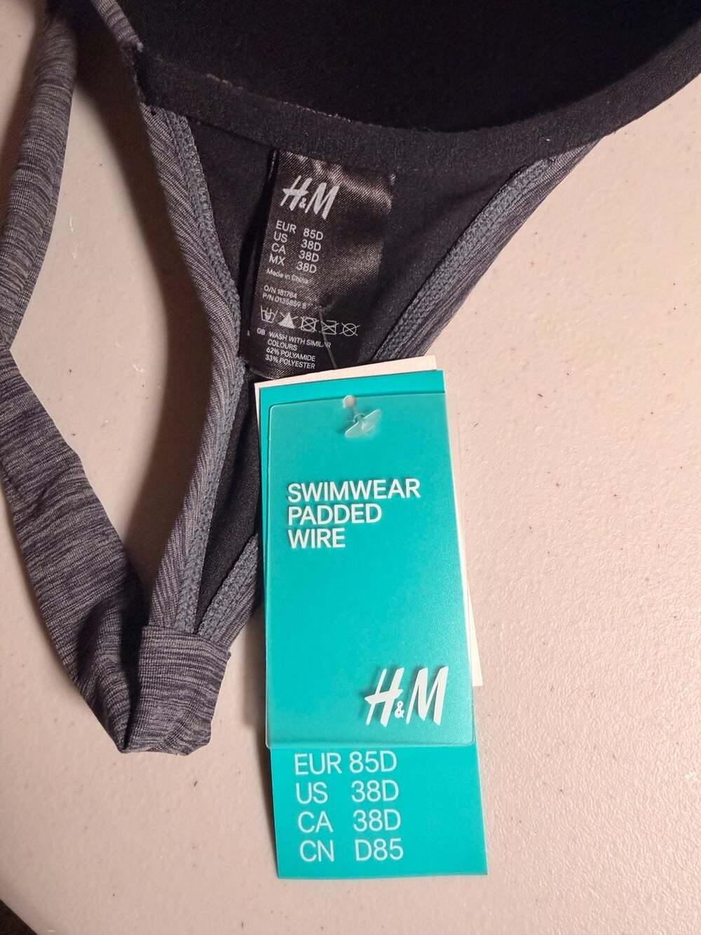 H&M Padded Wire Bikini Top & Swimwear Briefs Set Grey Marled Size 38D/10 - Picture 7 of 10
